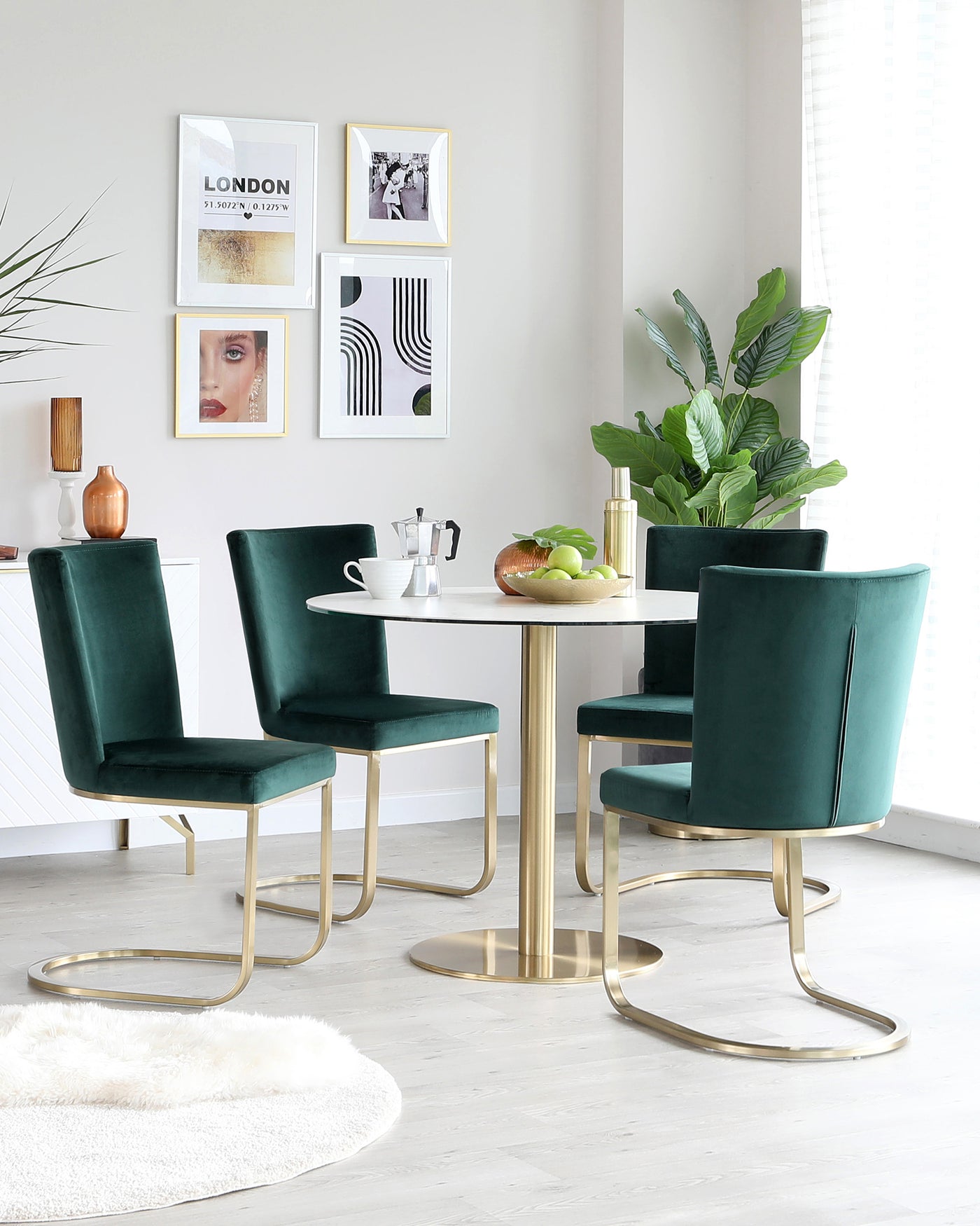 Romeo Marble Table With Form Fern Green Velvet Chairs