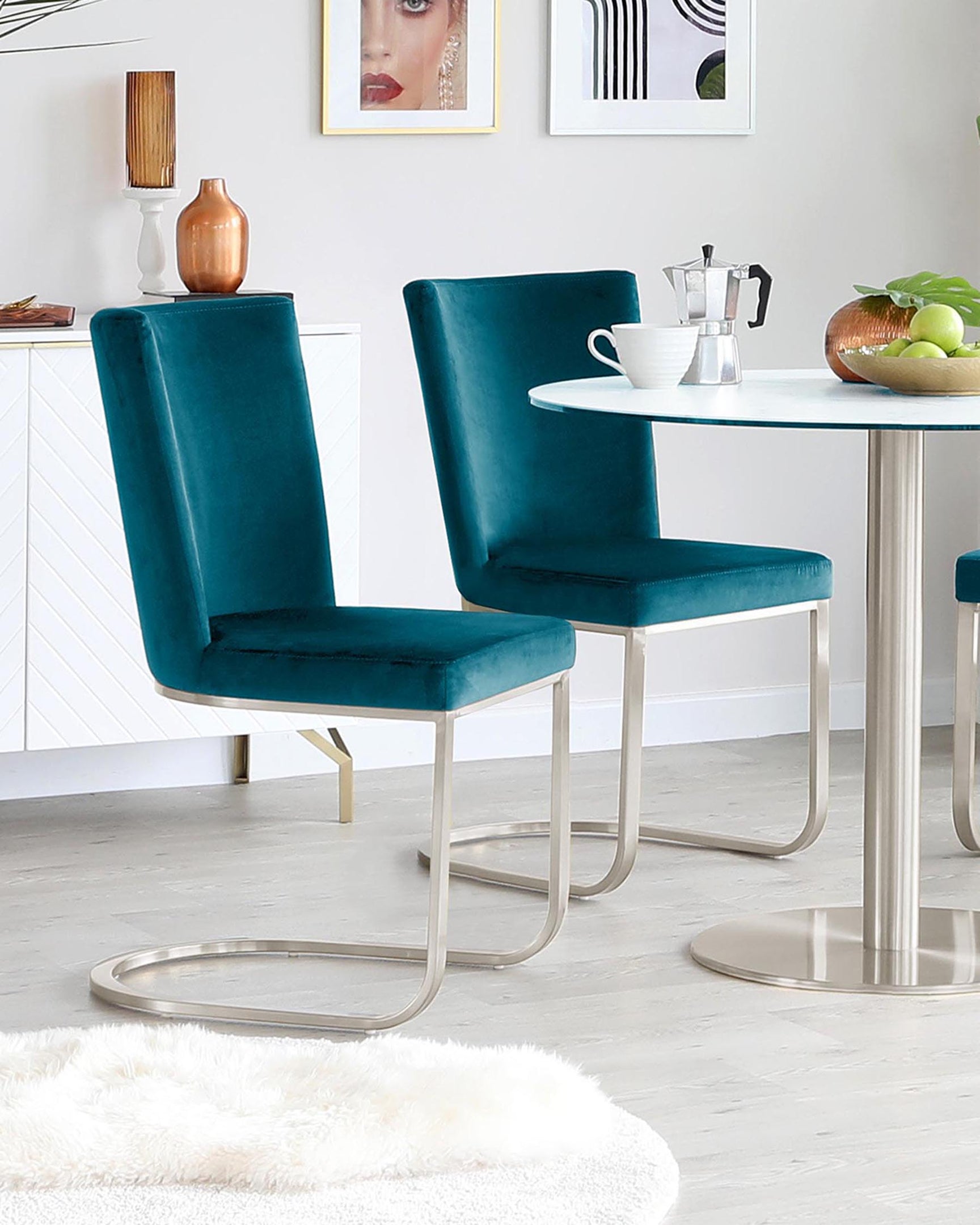 Form Cantilever Teal Velvet & Brushed Steel Dining Chair by