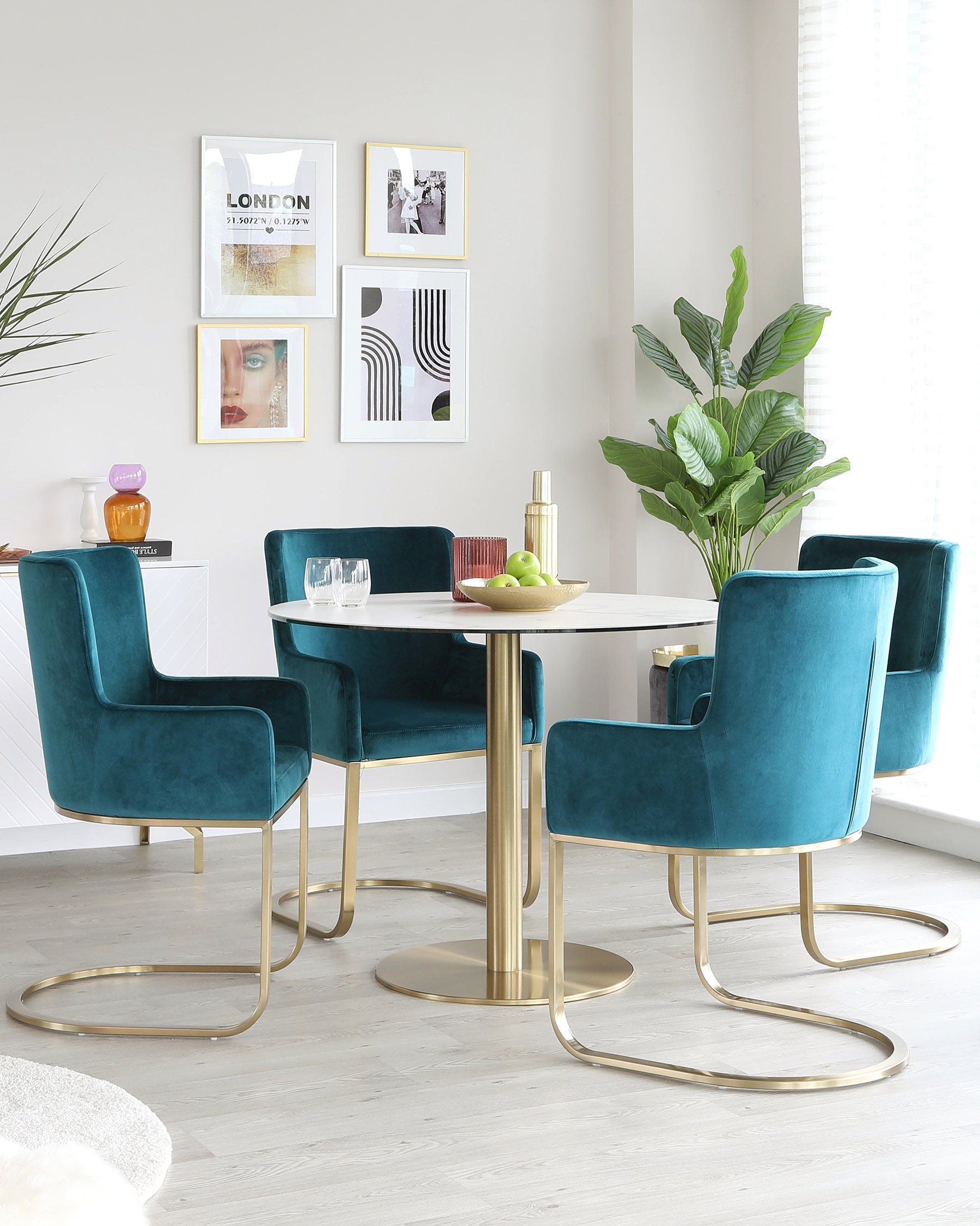 Romeo Marbled Ceramic Table With Teal Velvet Armchairs
