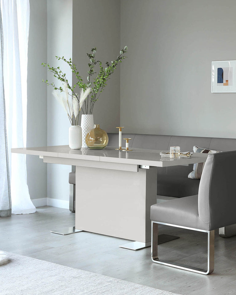 Modern minimalist dining room furniture featuring a sleek white rectangular dining table with a sturdy pedestal base and polished metal accents, complemented by a matching bench-style seat and two contemporary grey upholstered dining chairs with distinctive metal cantilever frames.