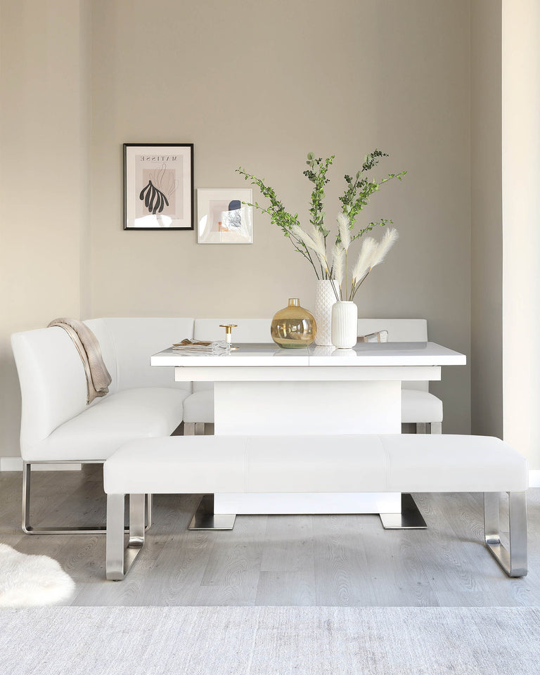 Modern minimalist dining set featuring a white rectangular table with sleek lines and metallic silver legs, paired with a matching white corner bench with cushioned seating and chrome-finished metal base.