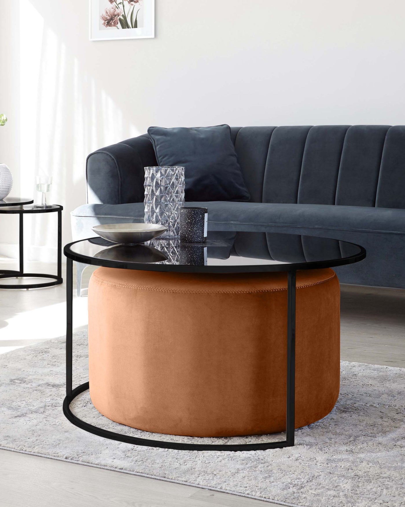 Thea Black Round Coffee Table & Rust Pouffe