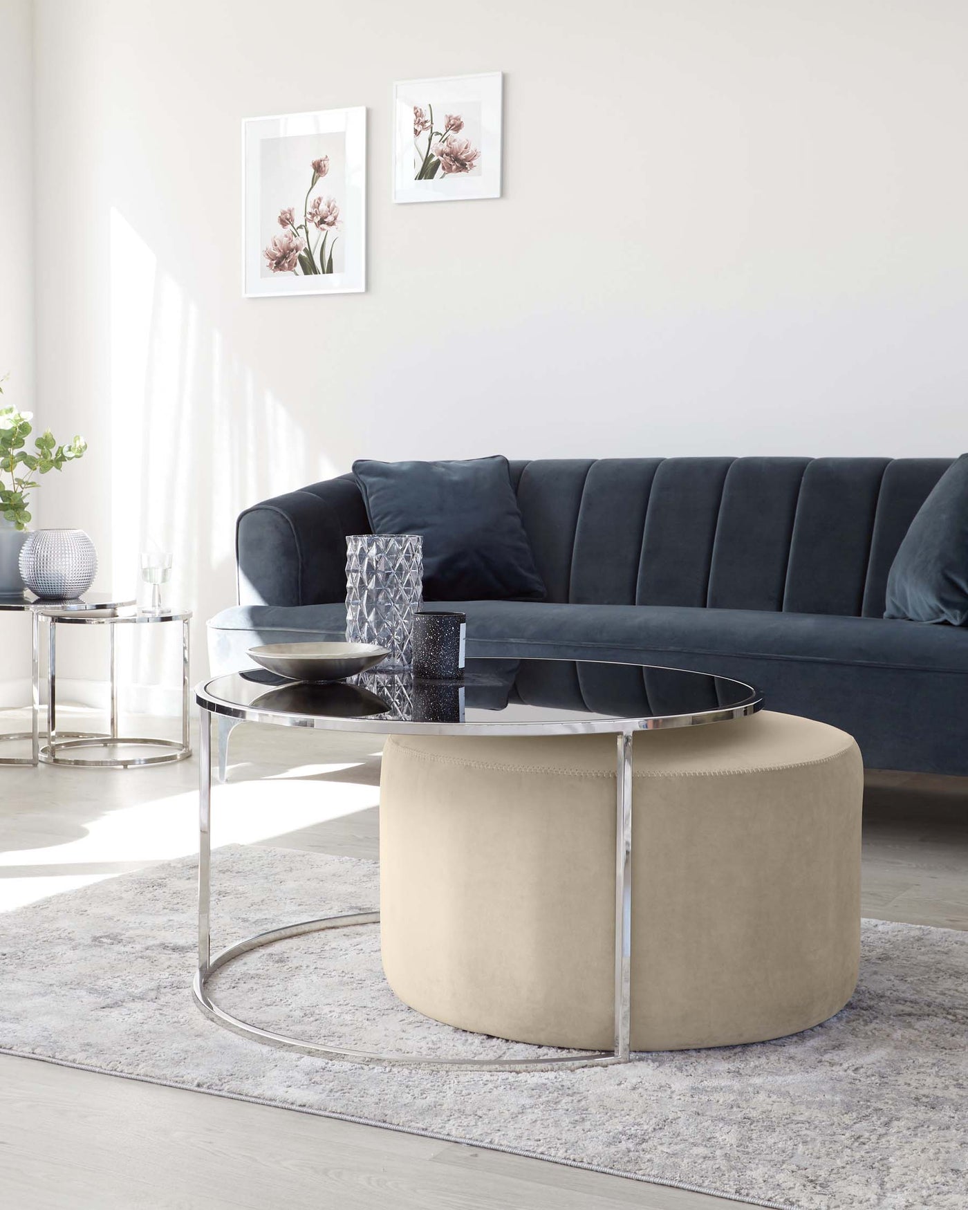 Thea Round Coffee Table & Champagne Pouffe