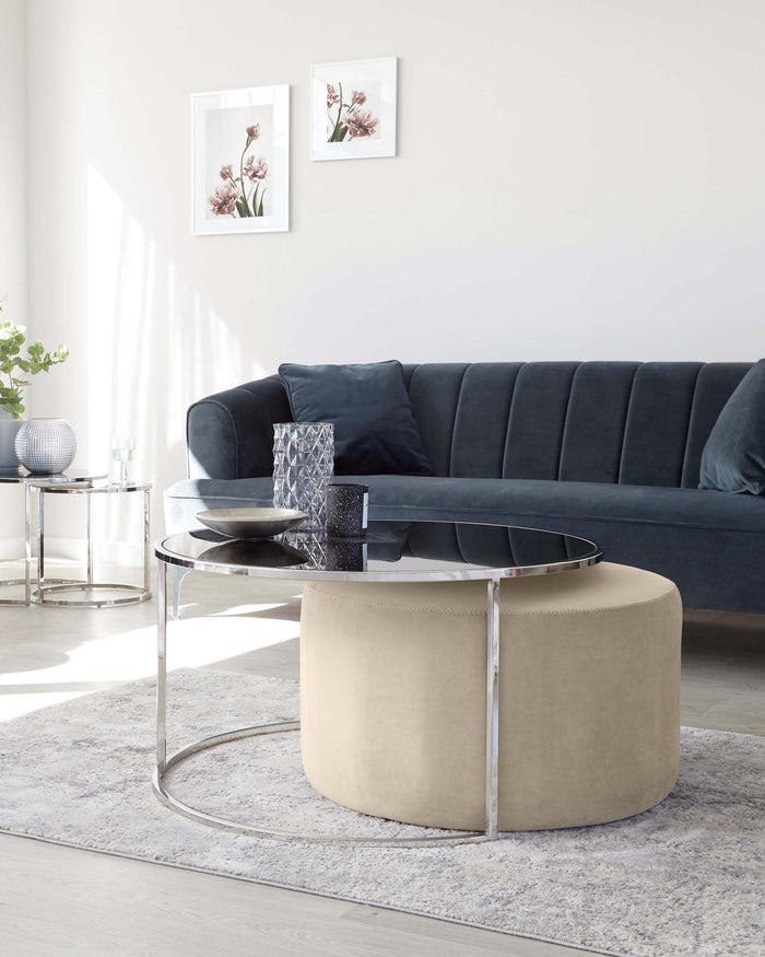A contemporary living room featuring a dark grey tufted sofa and a round, modern two-tiered coffee table with a chrome frame and glass top. Next to the coffee table is a beige fabric ottoman with visible stitching details. The furniture is arranged on a light grey area rug.