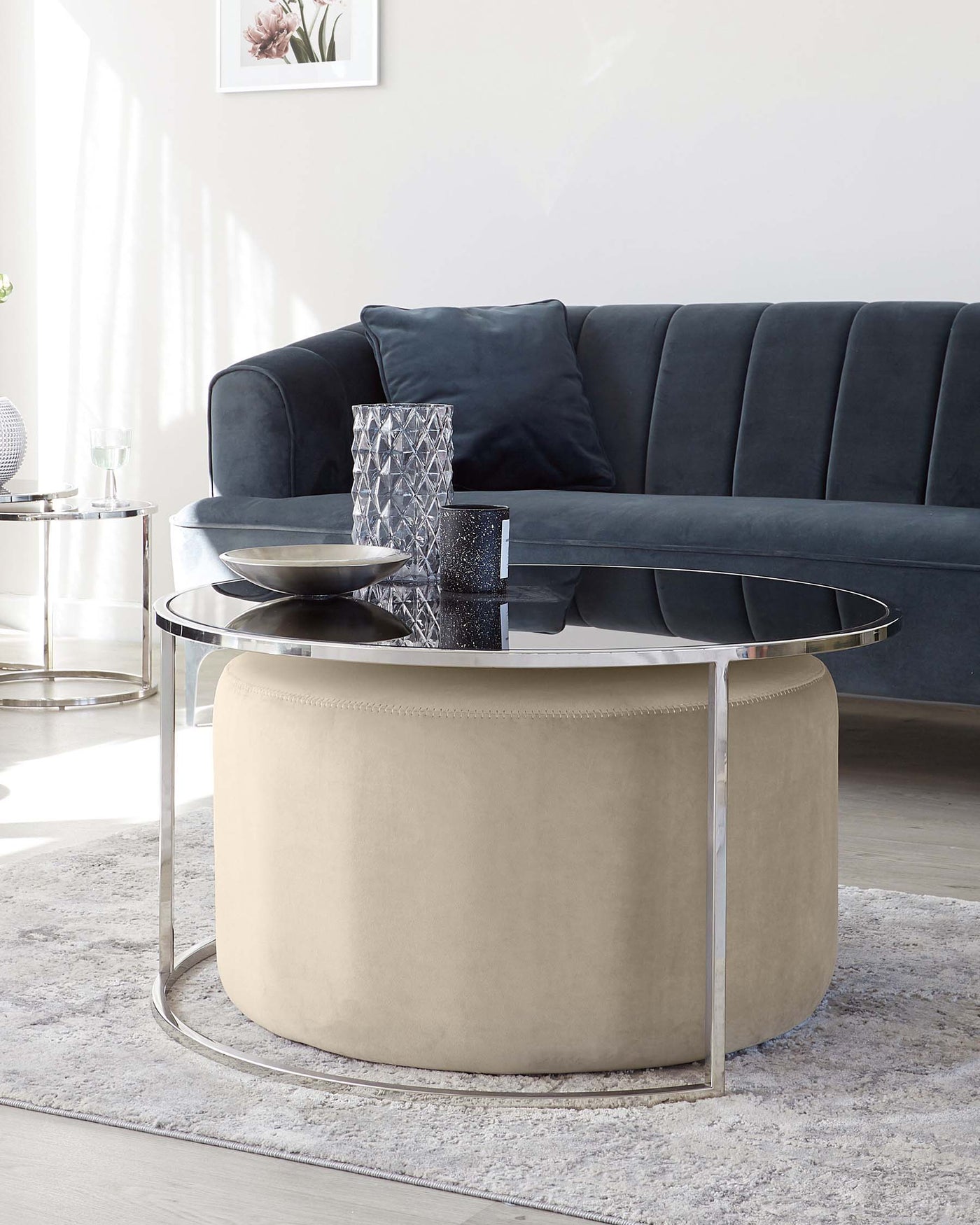 Thea Round Coffee Table & Champagne Pouffe