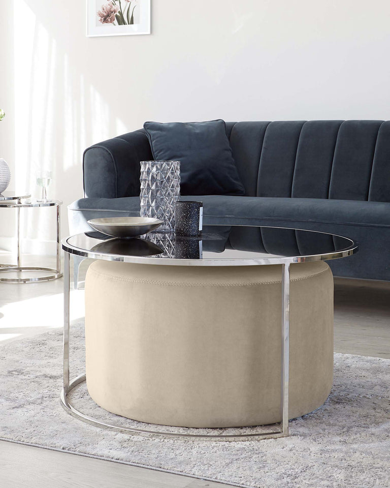 Elegant modern living room furniture featuring a dark grey velvet sofa with clean lines and tufted back cushions, paired with a round glass-top coffee table with a unique circular beige ottoman nested underneath, accented by chrome framework.