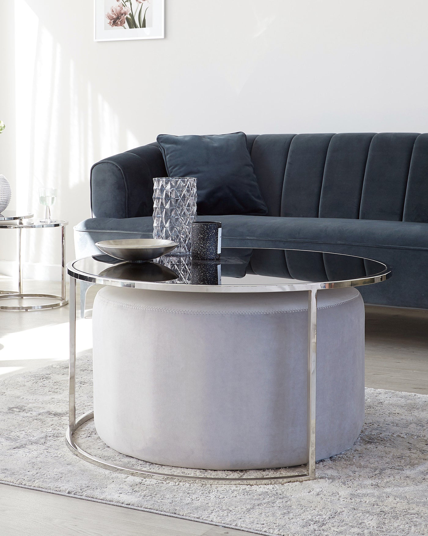Thea Round Coffee Table And Light Grey Pouffe Set