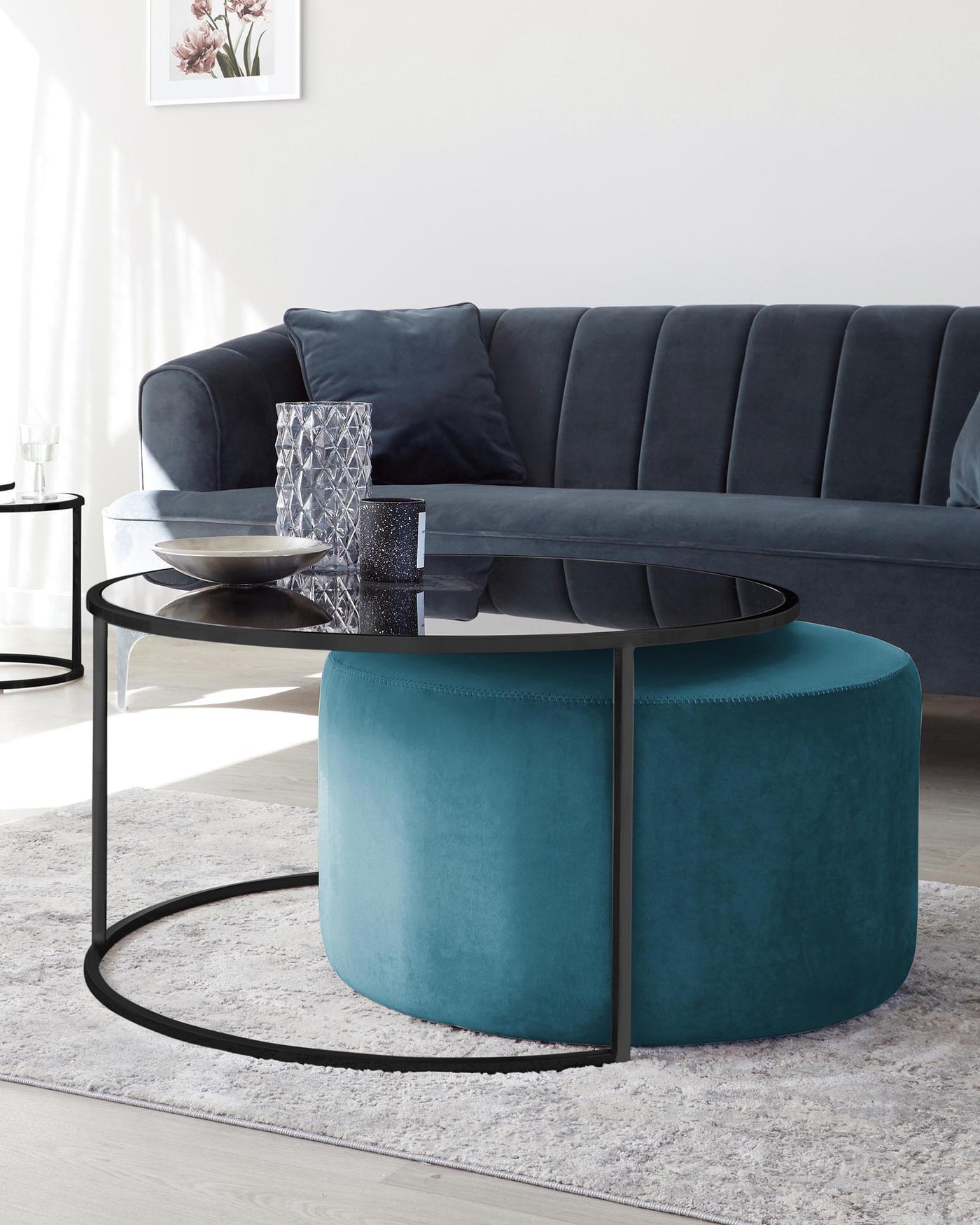 Thea Round Black Coffee Table and Dark Teal Pouffe Set