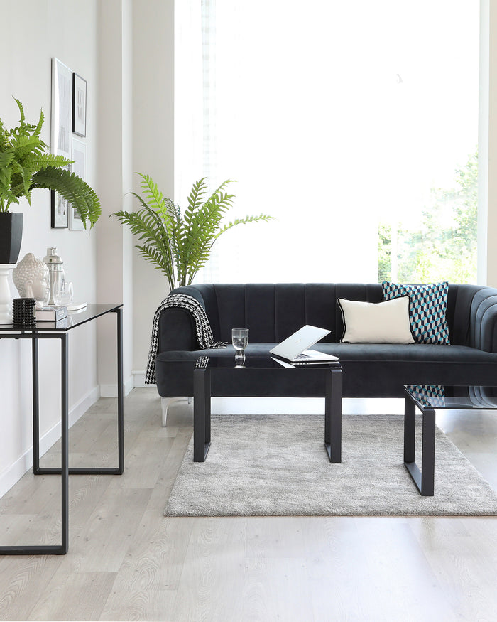 Elegant modern living room featuring a dark velvet tufted sofa with contrasting white and patterned throw pillows, flanked by two minimalist-style black end tables with sleek metal frames. A matching black coffee table with a similar metal frame design sits on a plush grey area rug, completing the contemporary aesthetic. Decorative items such as vases, a potted fern, books, and framed artwork add personal touches to the space.