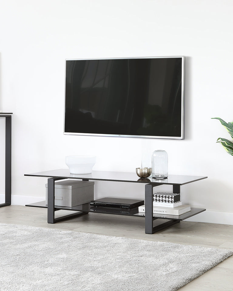 Modern minimalist coffee table with a black metal frame and glass top, featuring a lower shelf with books and decorative items, set on a neutral-toned shaggy area rug in a contemporary living space.