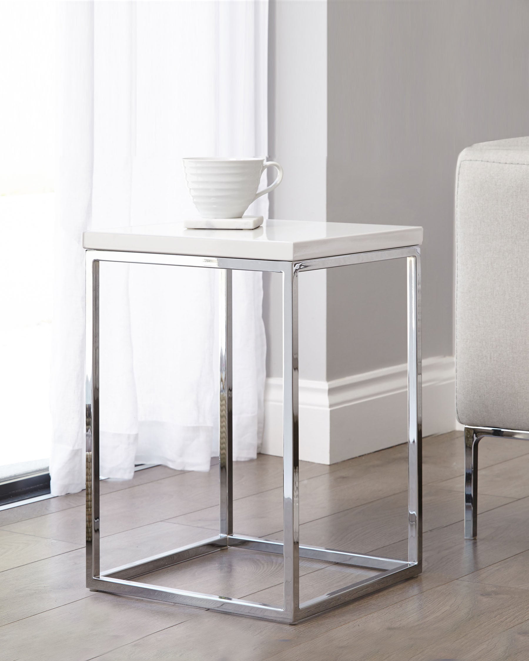 acute gloss and chrome side table white