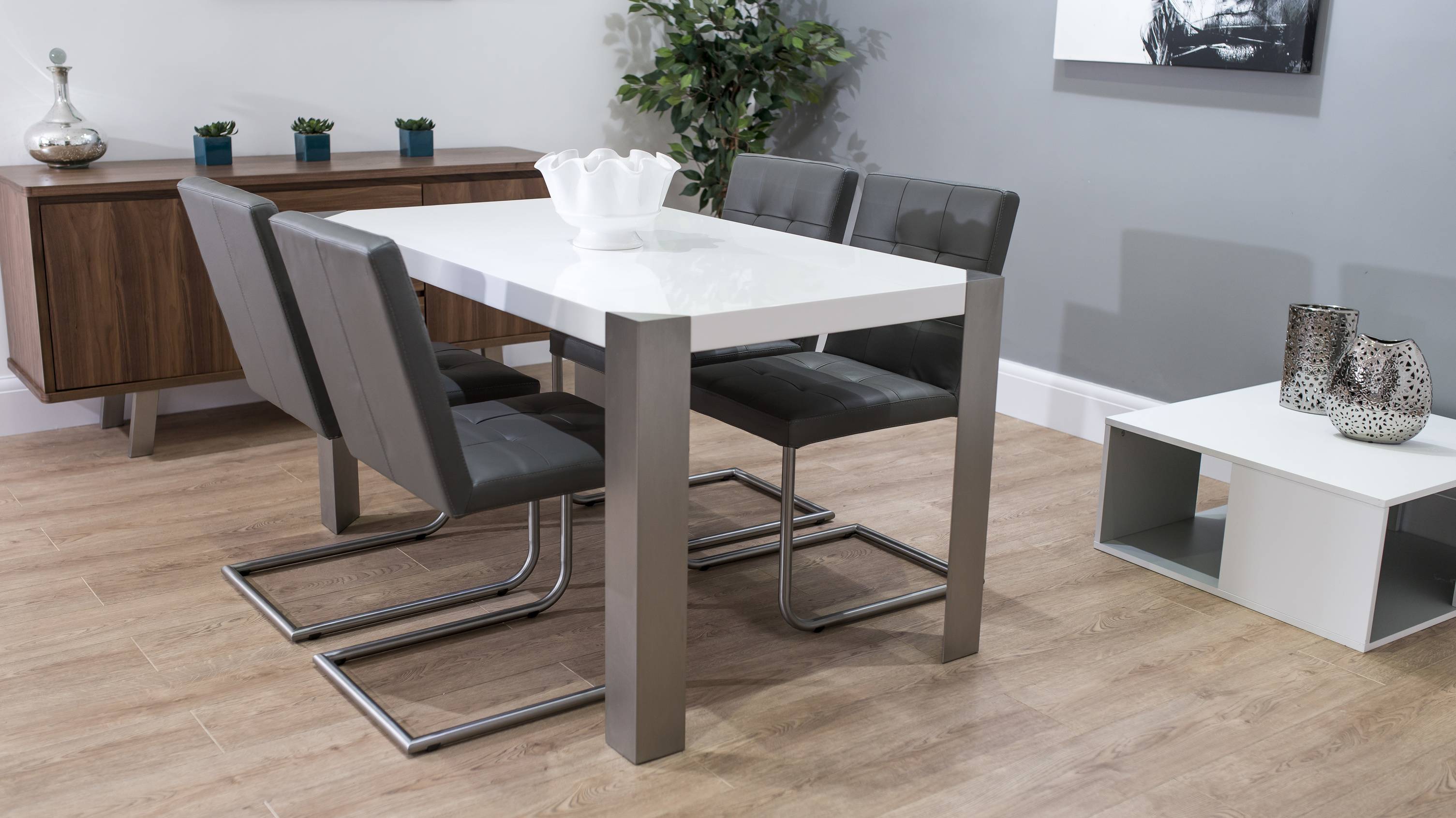 Real Leather Cantilever Dining Chairs and White Dining Table