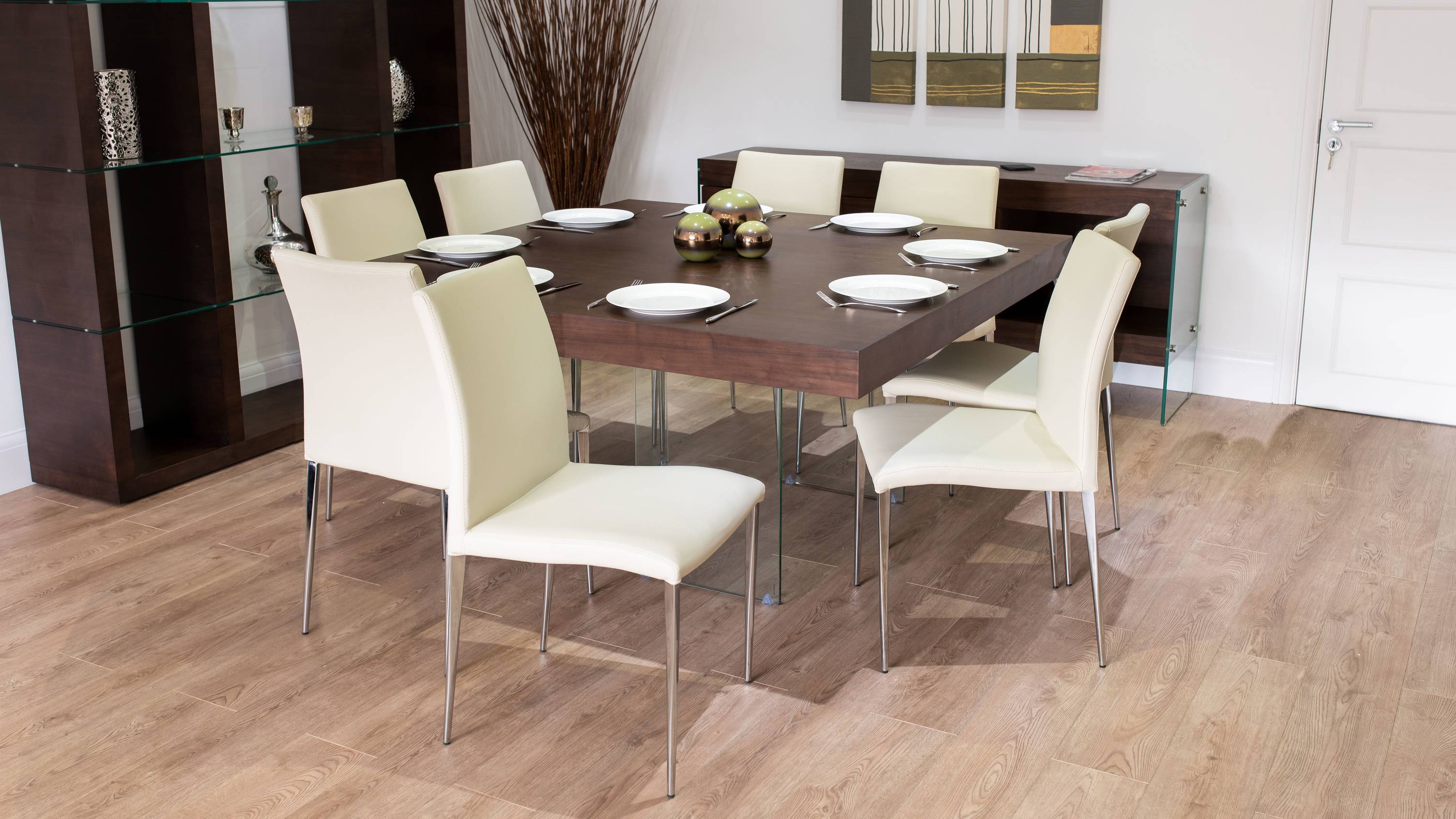 Large Square Dining Table and Beige Dining Chairs