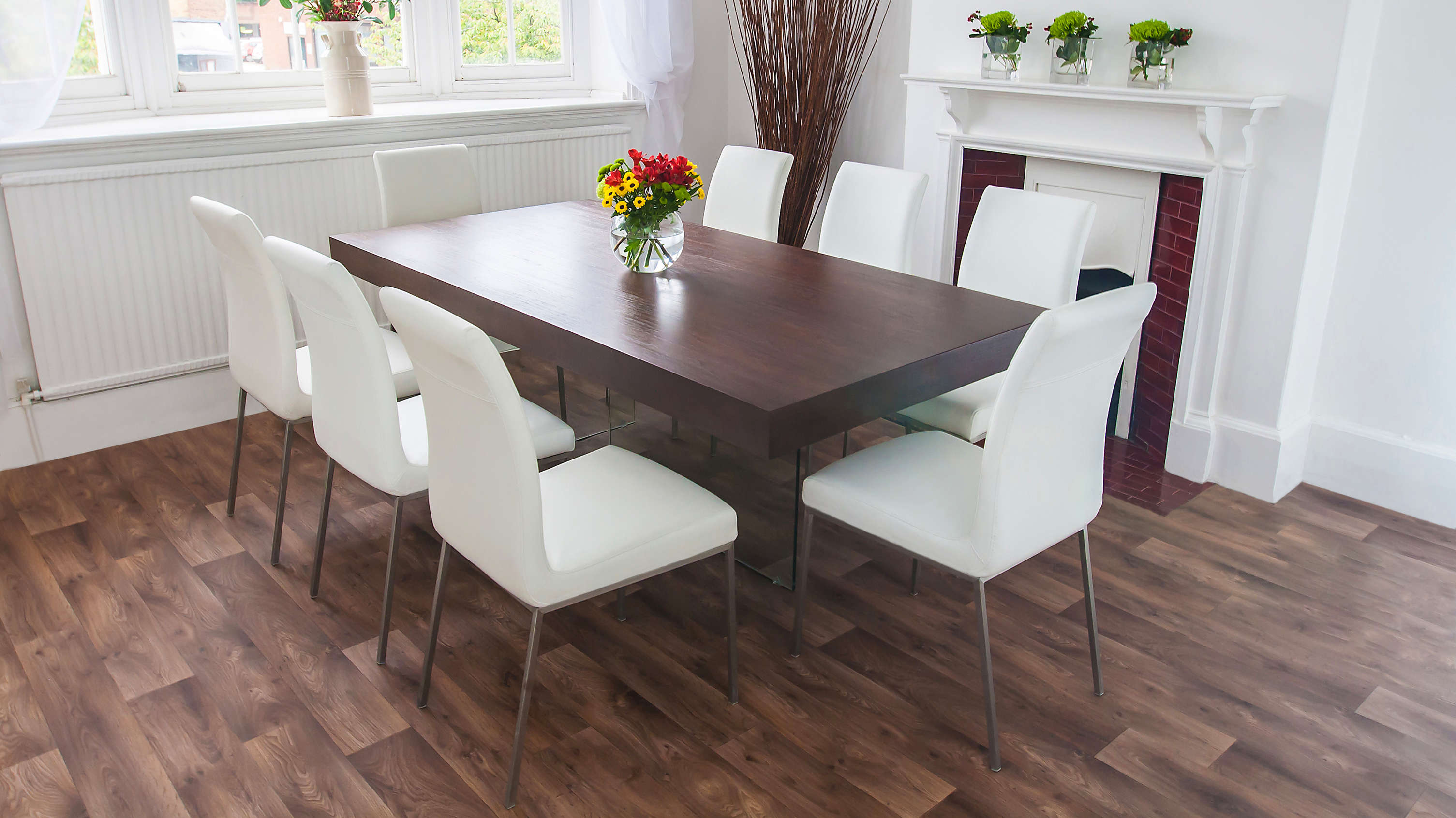 Rectangular Wooden Dining Table and White Dining Chairs