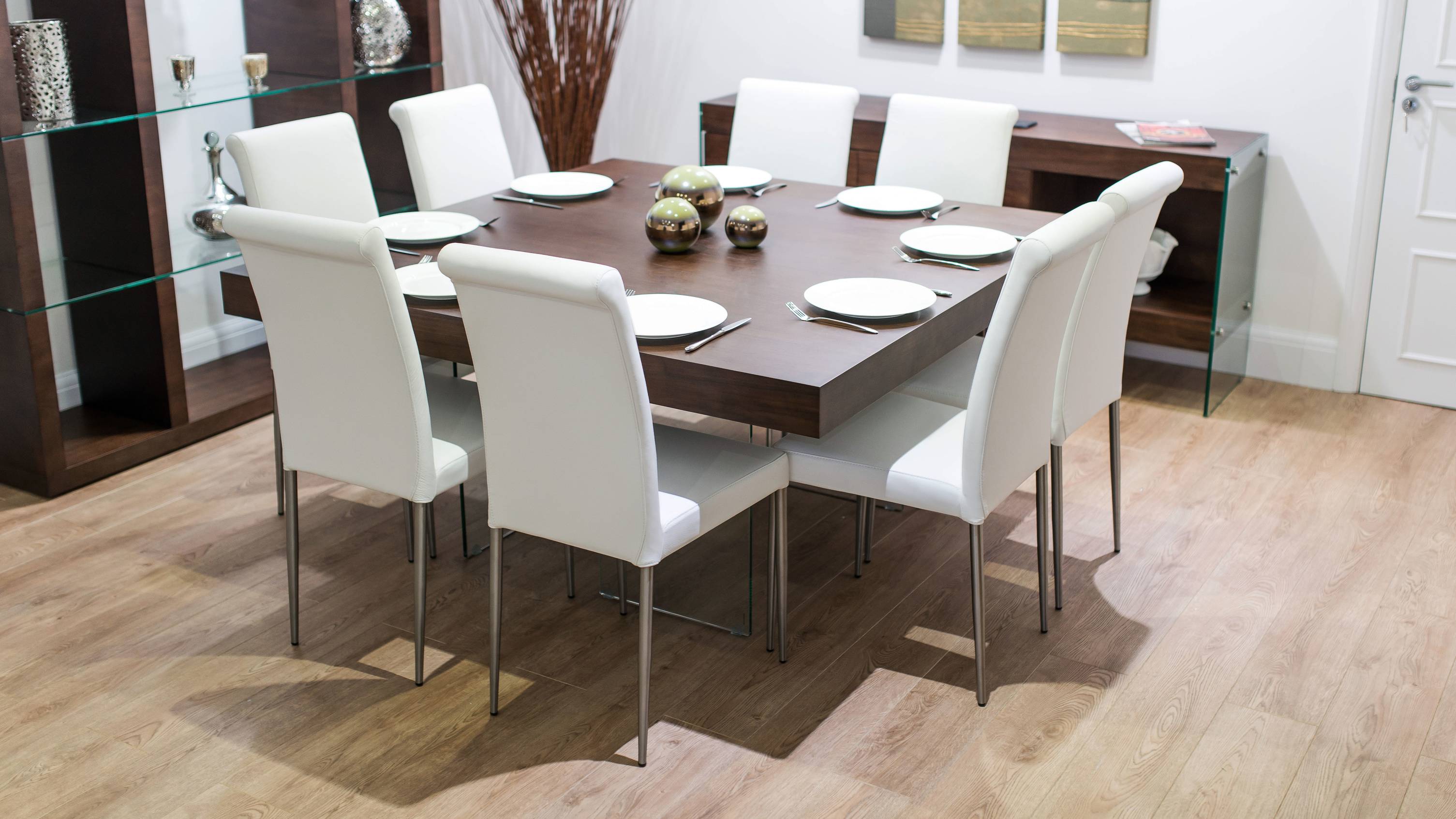 White Real Leather Dining Chairs and Square Dining Table