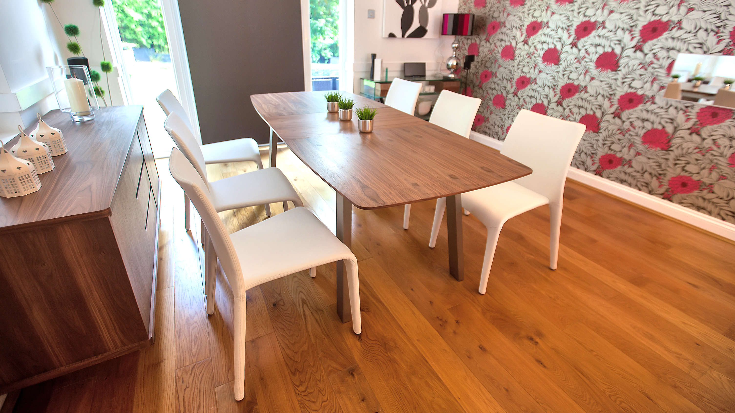 Contemporary White and Walnut Extending Dining Set