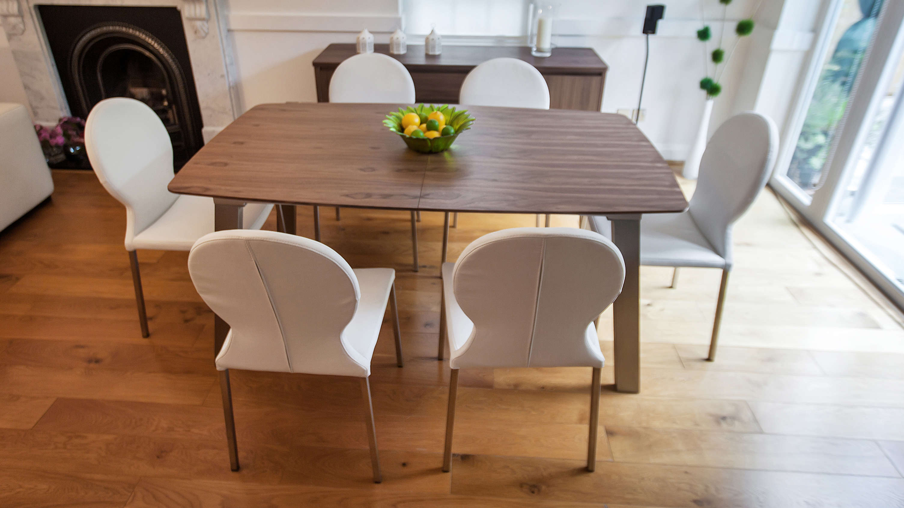 Contemporary White Dining Chairs and Extending Dining Table