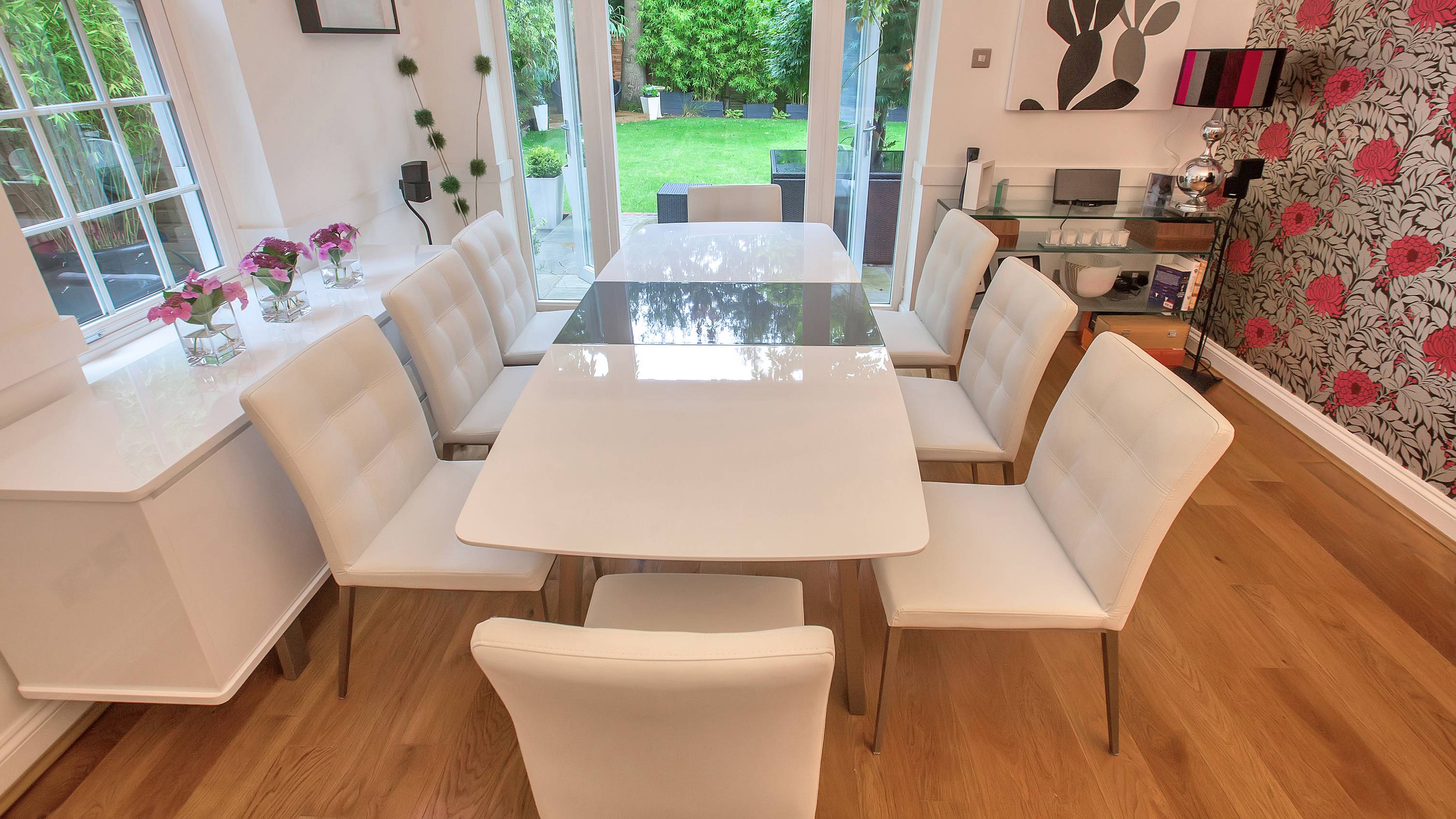 Large 6-8 Seater Extending Dining Table and White Dining Chairs