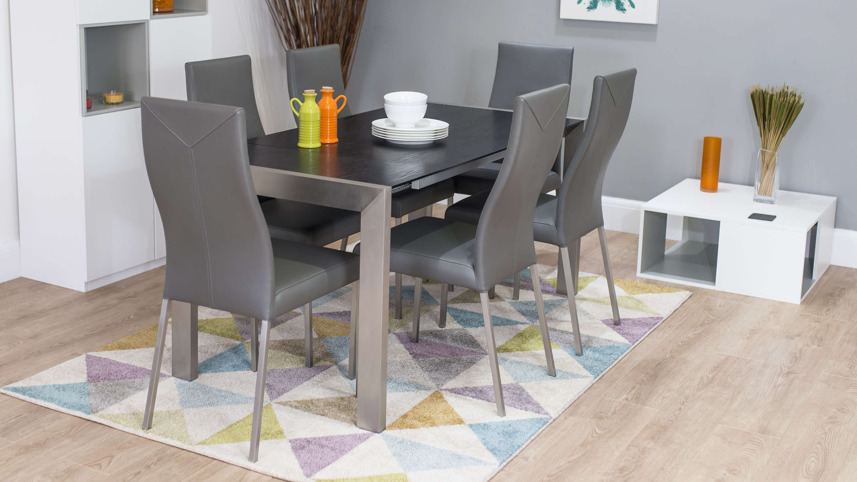 Grey Real Leather Dining Chairs and Wood Veneer Extending Dining Table