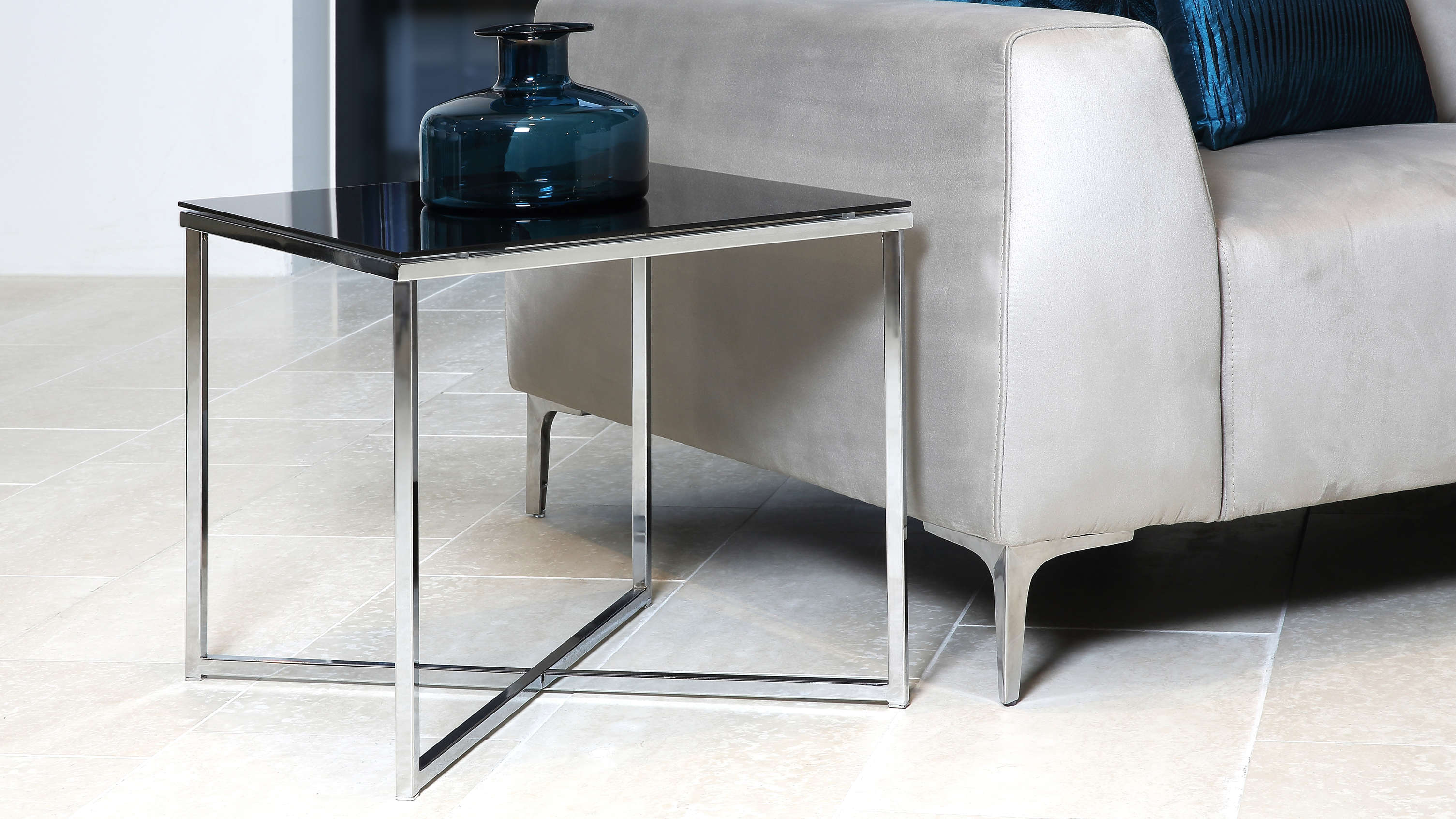 small glass side table with chrome frame