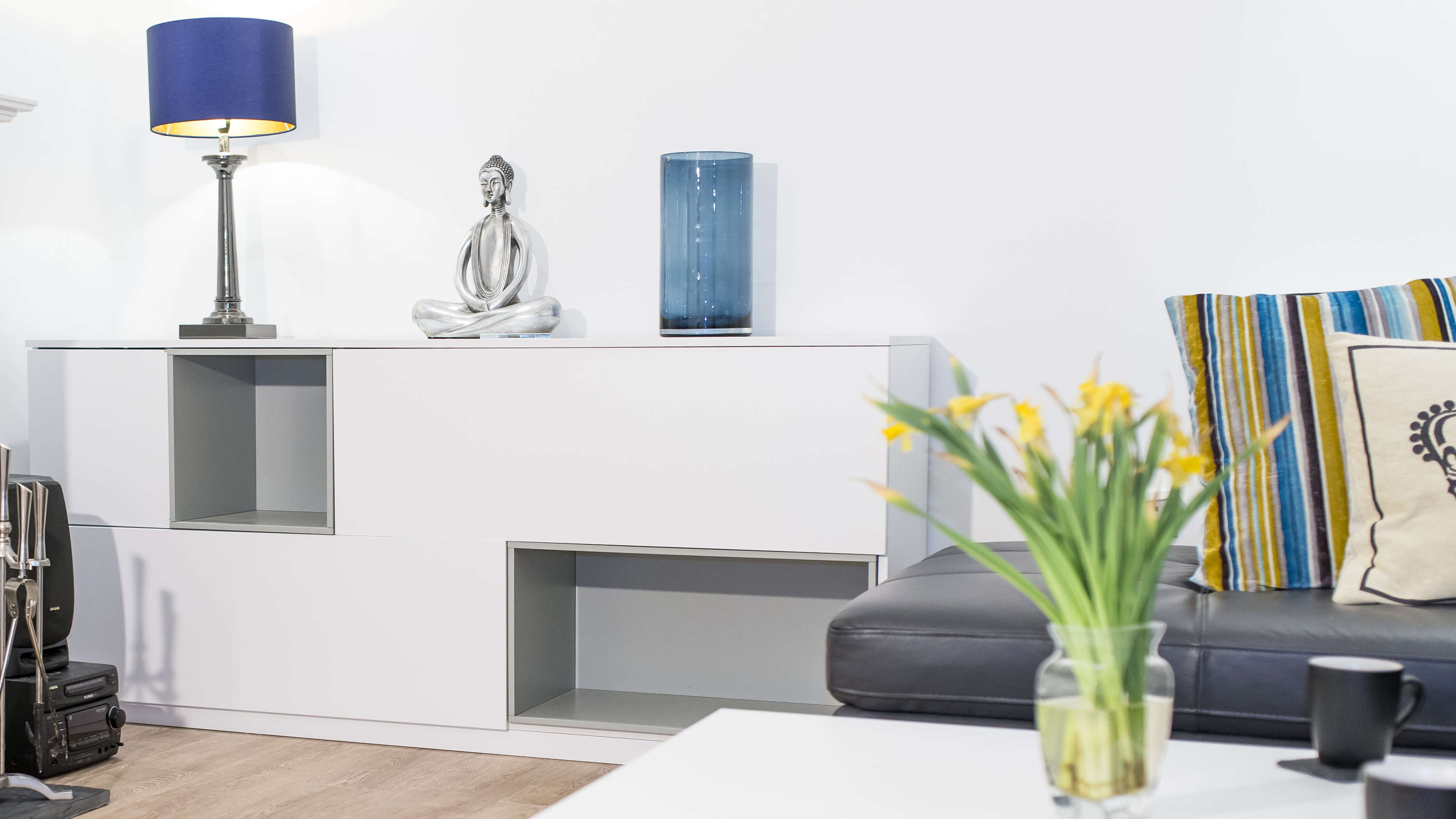 Modern White Wooden Sideboard with Display Sections