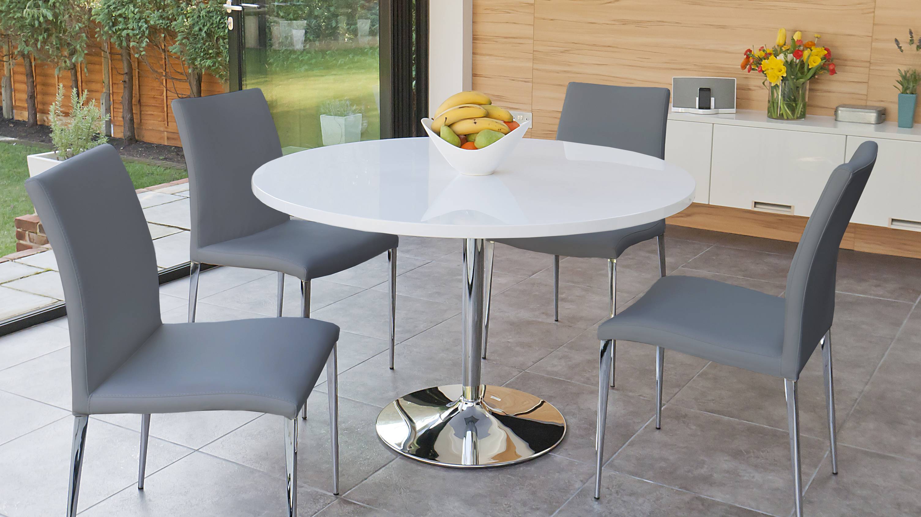 4 Seater White Gloss Dining Table and Grey Chairs
