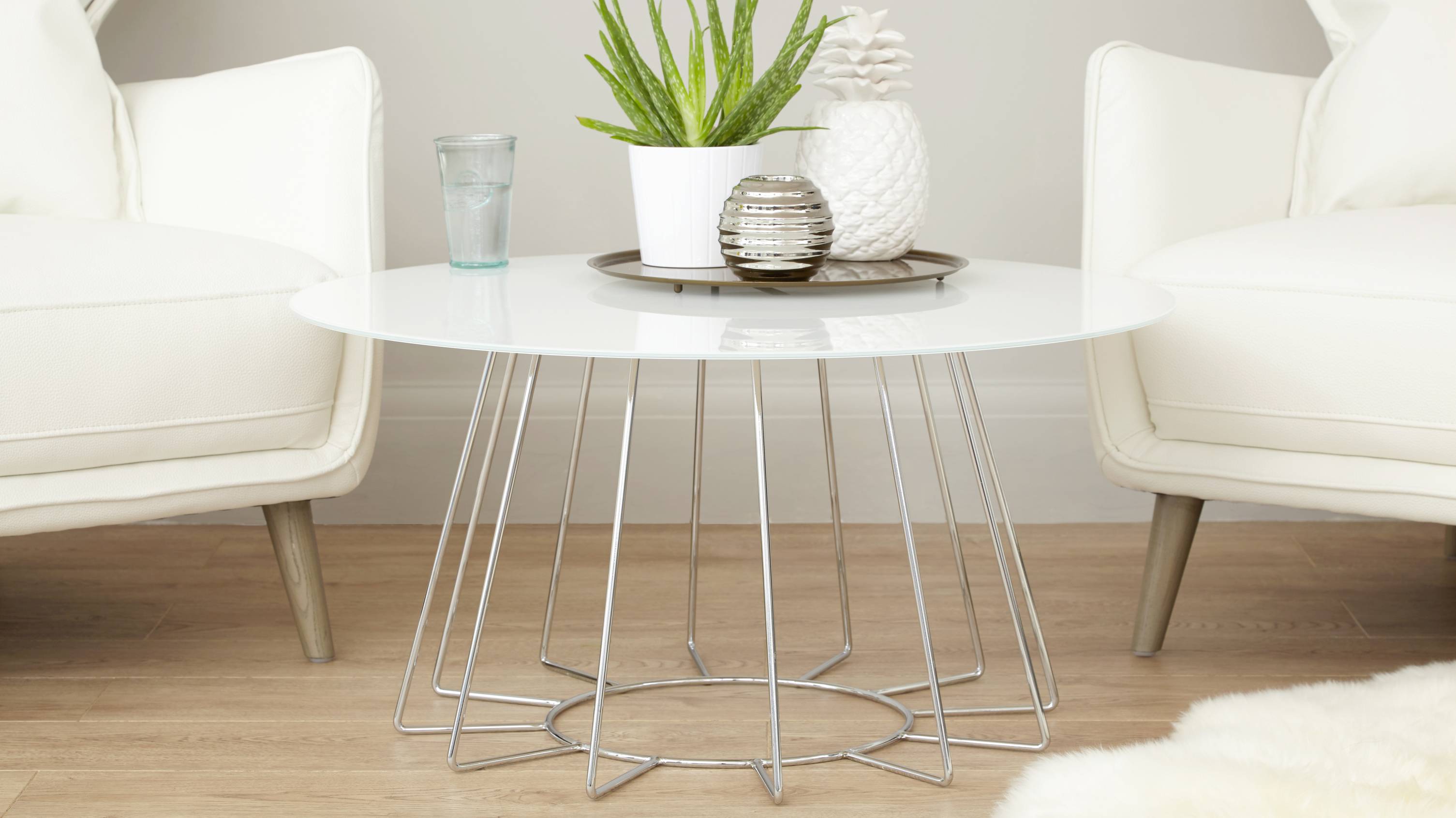 orbit white glass and chrome coffee table