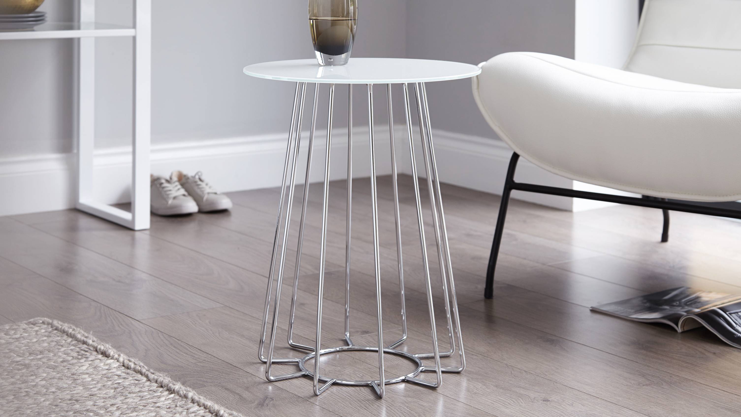 orbit white glass and chrome lamp table