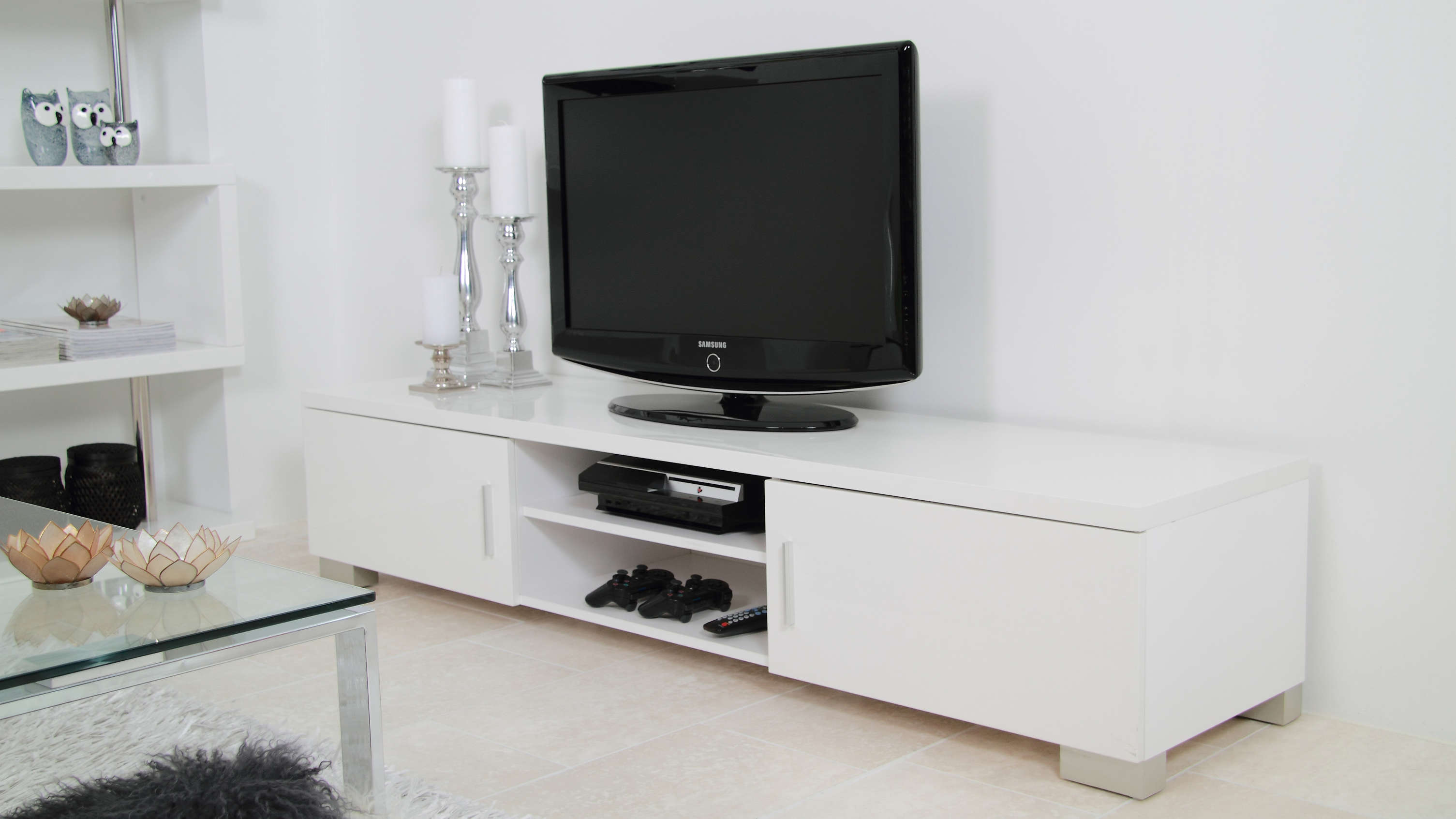 Large White Gloss TV Stand with Storage Space