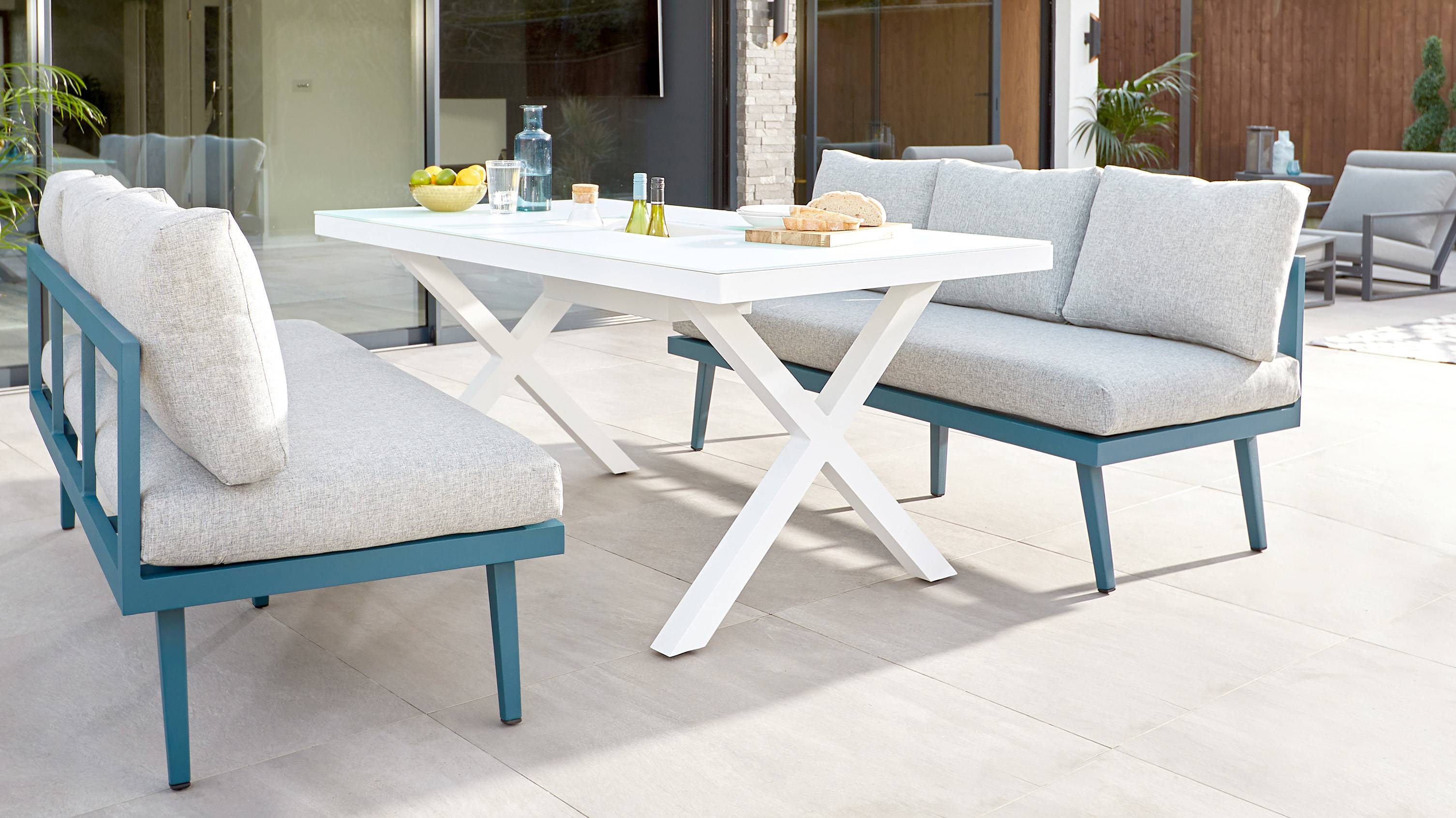 Contemporary outdoor dining bench set