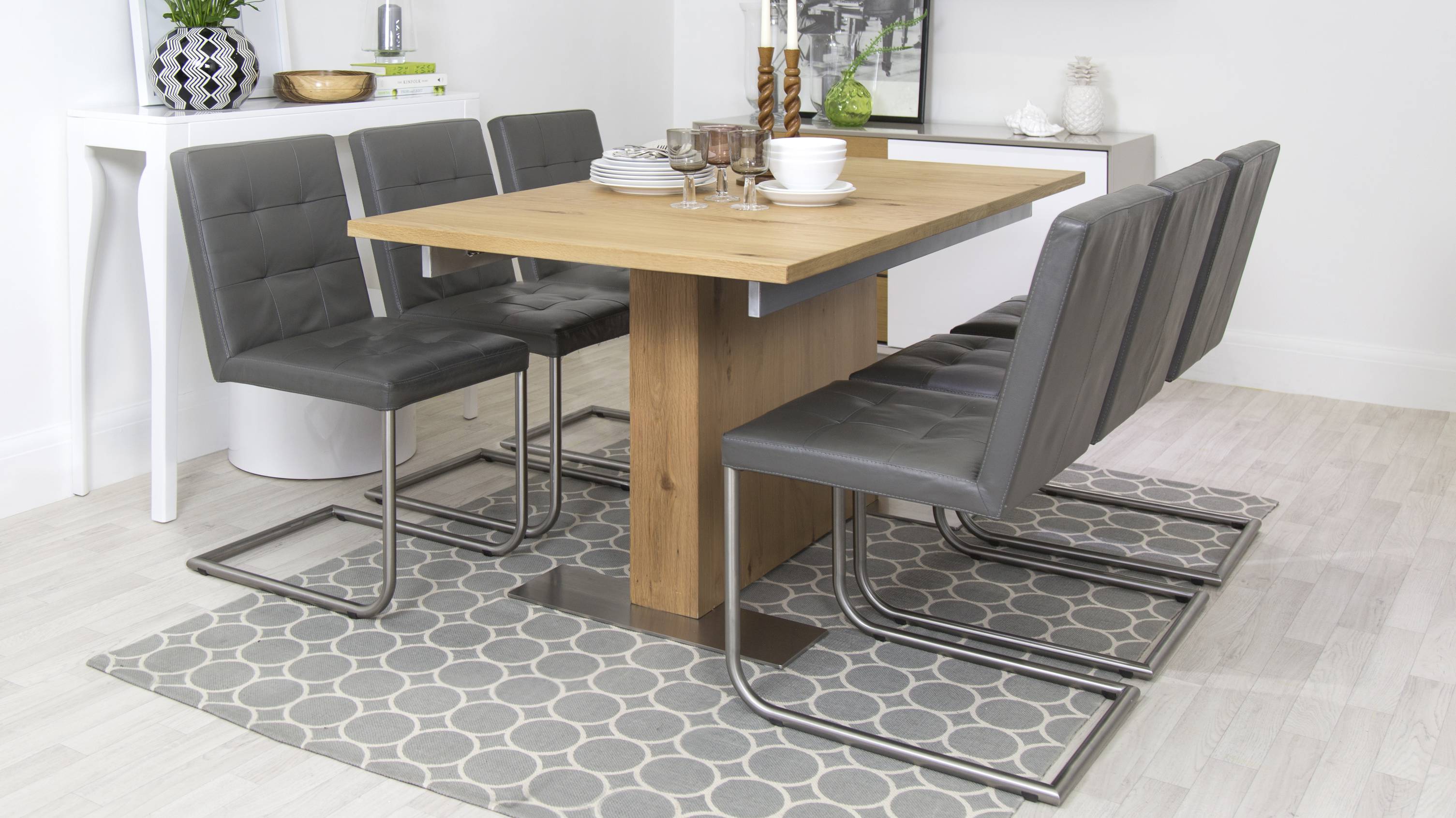 leather and oak extending dining set UK Delivery