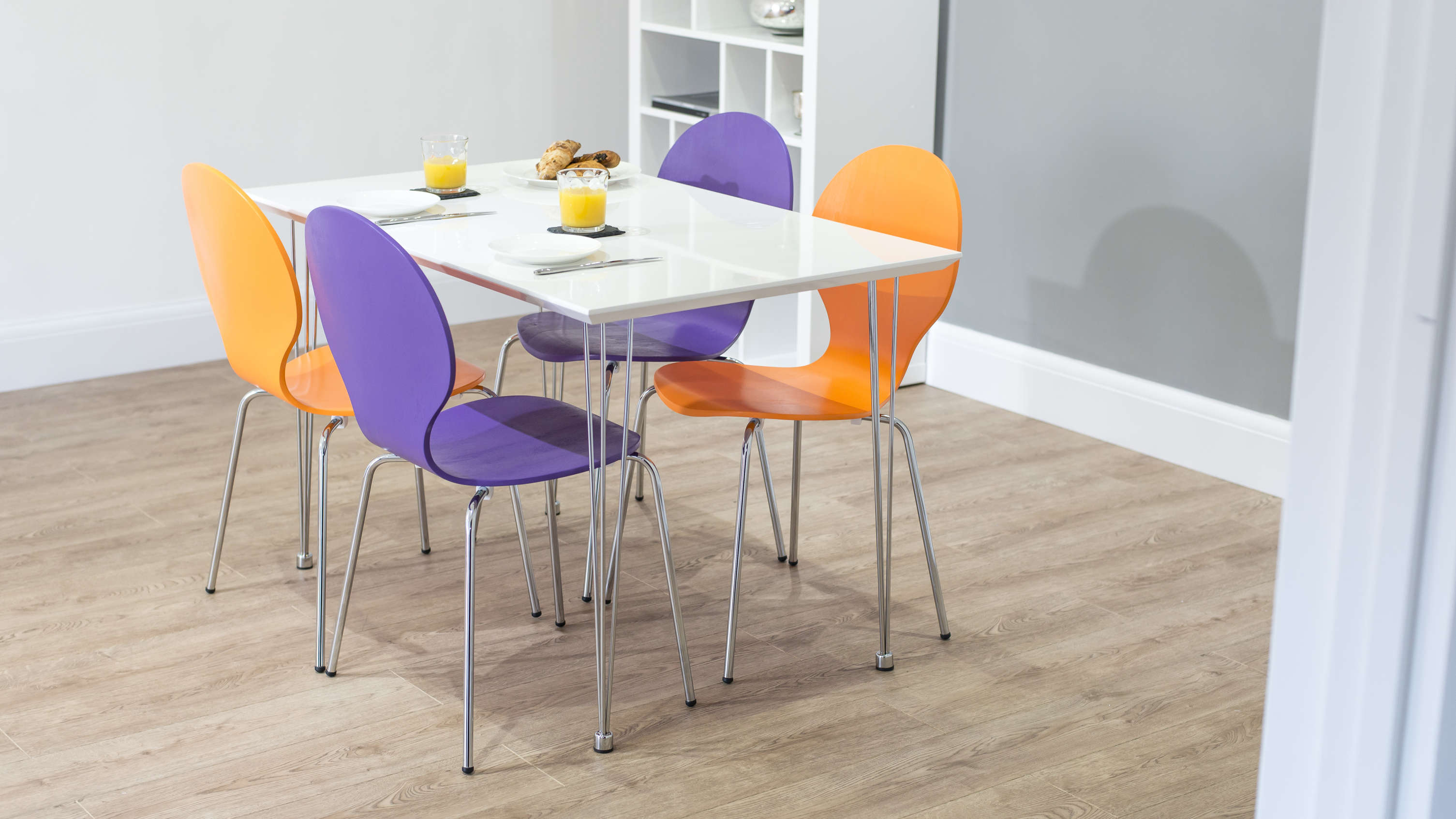 4 Seater White Gloss Dining Table and Colourful Dining Chairs